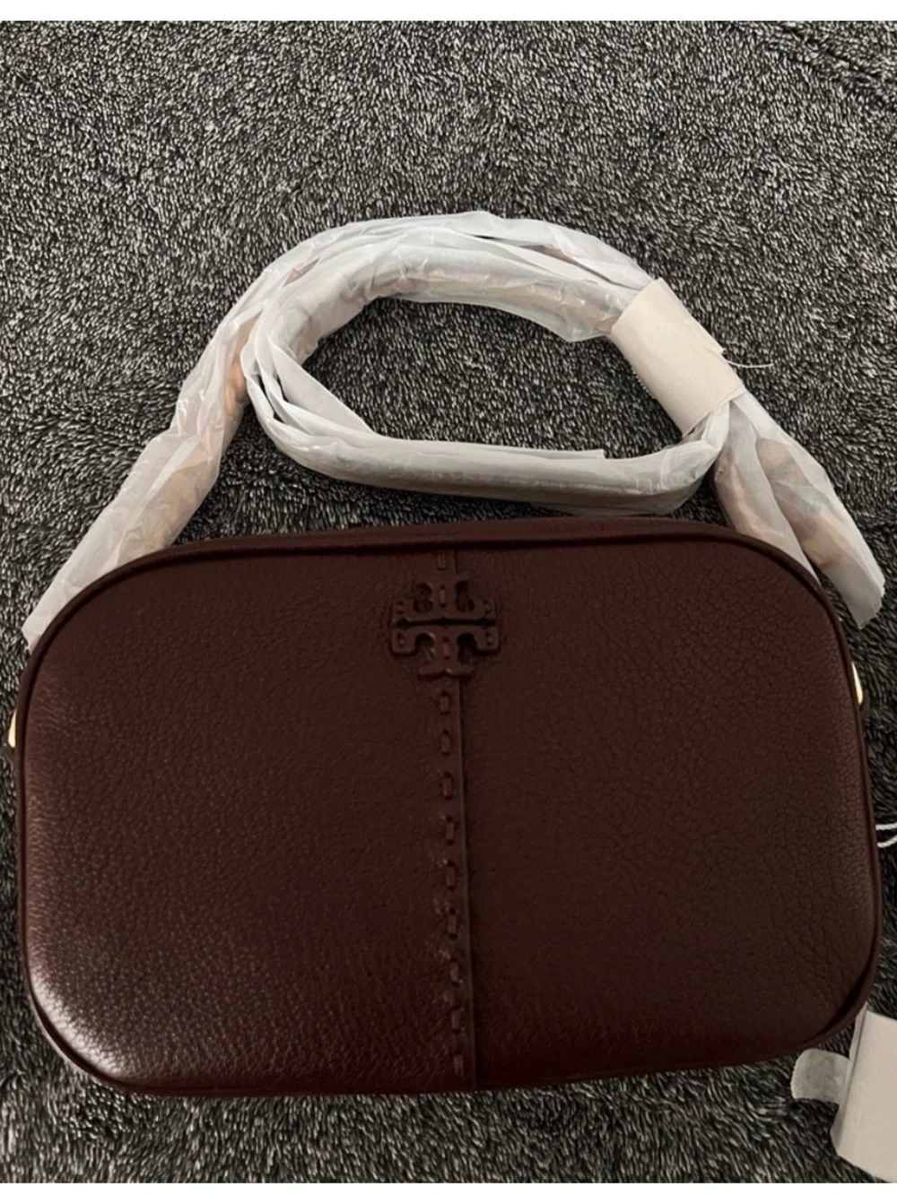 Tory Burch McGraw Leather Burgundy Pebbled Leather Crossbody with Gold Accents